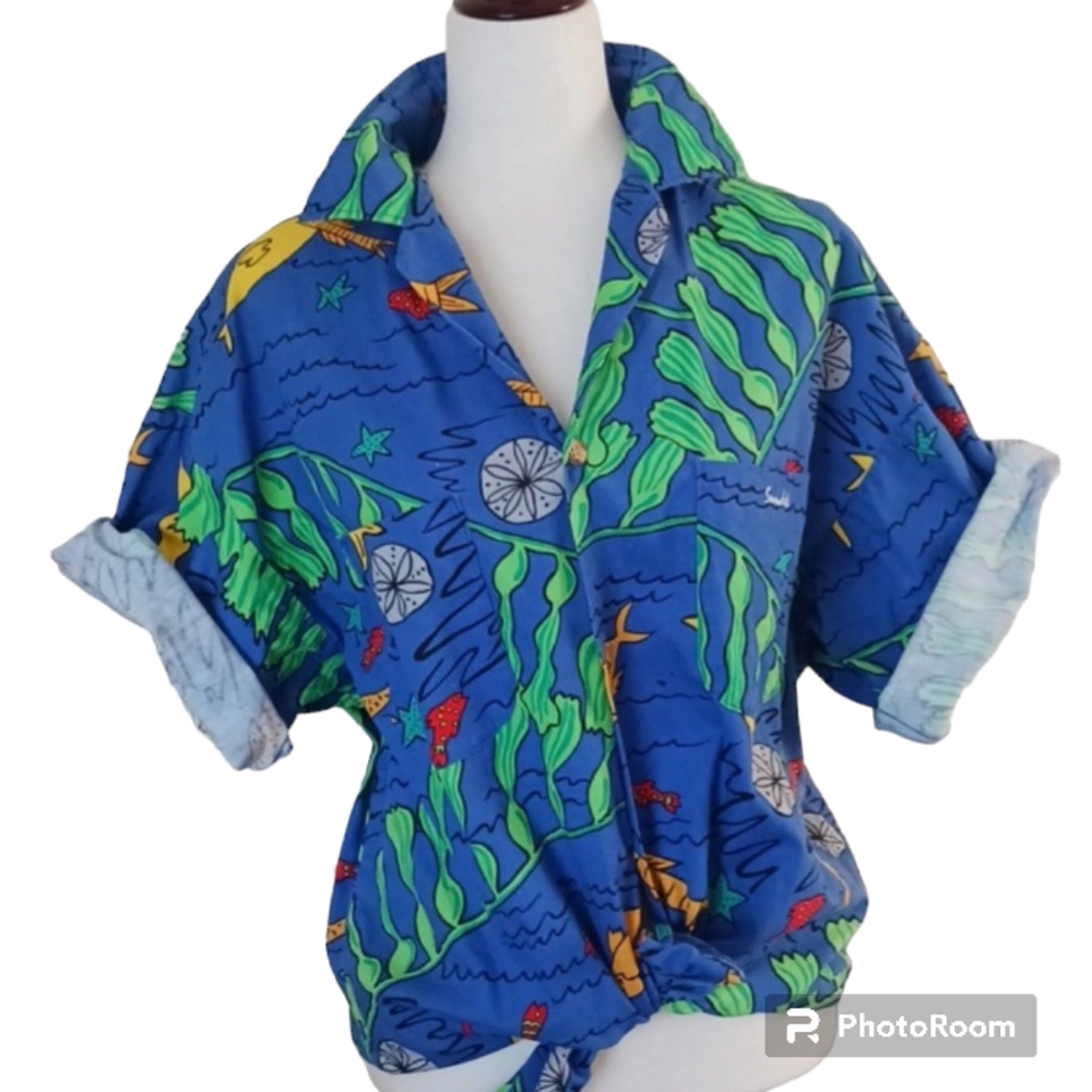 Sundek button front shirt short sleeve V-Neck collar cotton vintage blue 1X